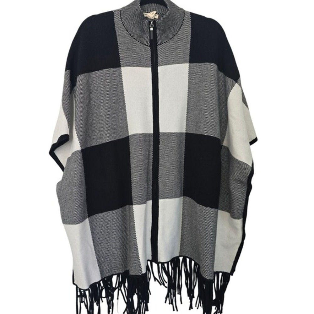 Christian Siriano Buffalo‎ Plaid Poncho Zip Up Fringe Hem Cape Shawl X/1X